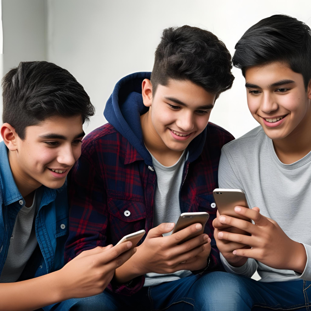 Three teenage boys of Latin decent looking at their phones together
