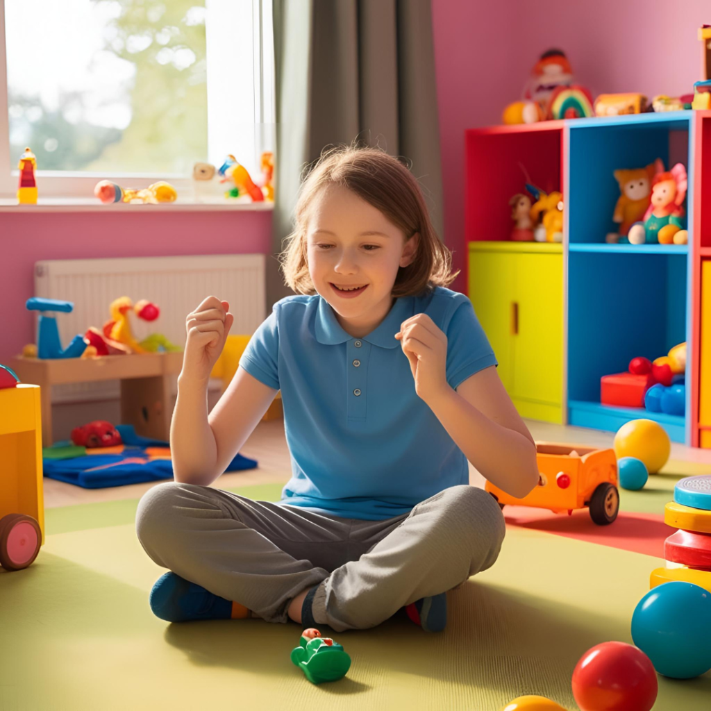 Child sitting cross legged in a play room. They are stimming with their hands and a happy look on their face.