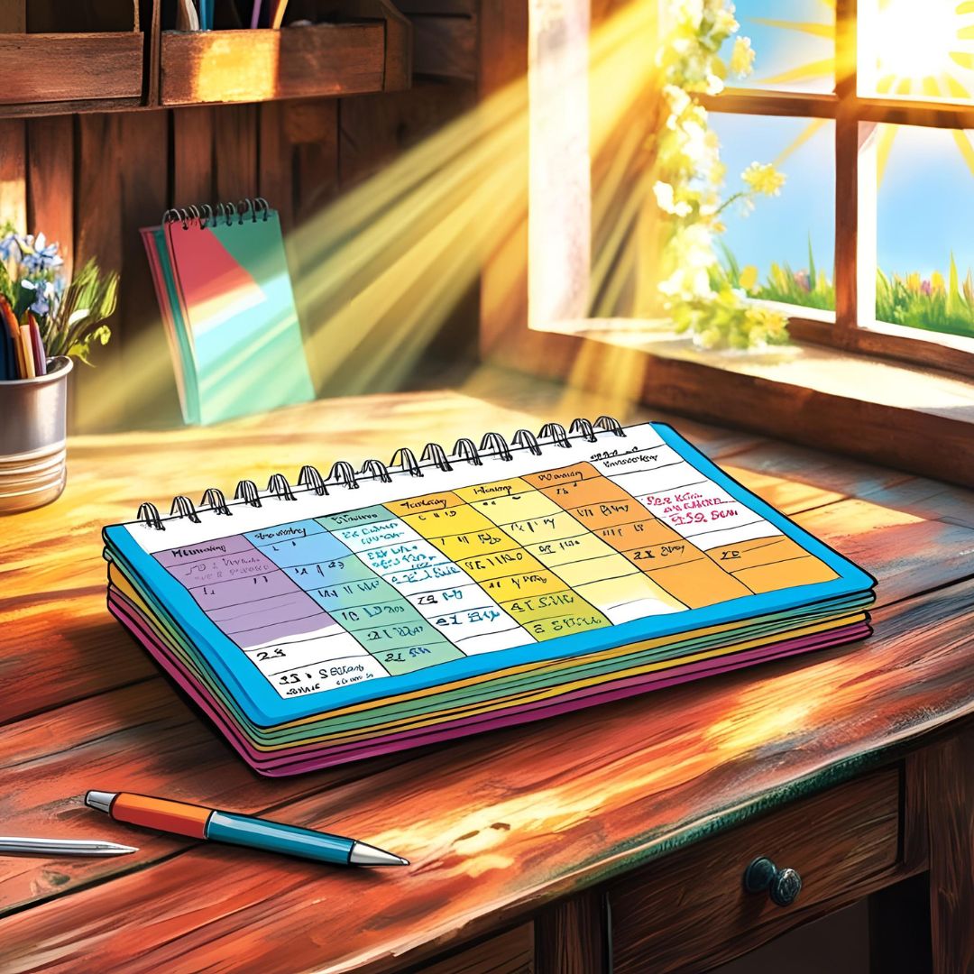 A colourful written schedule on a desk