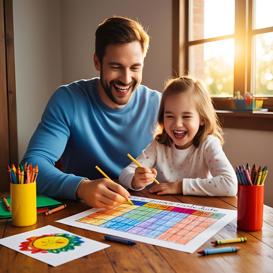Young child smiling and creating a schedule with her dad