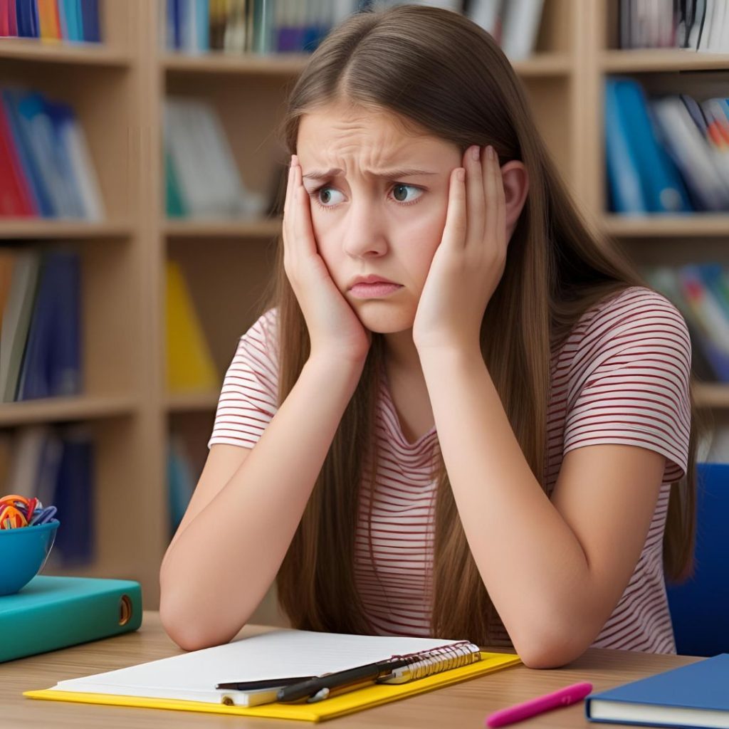 Young girl with books infront of her, she looks stressed and worried