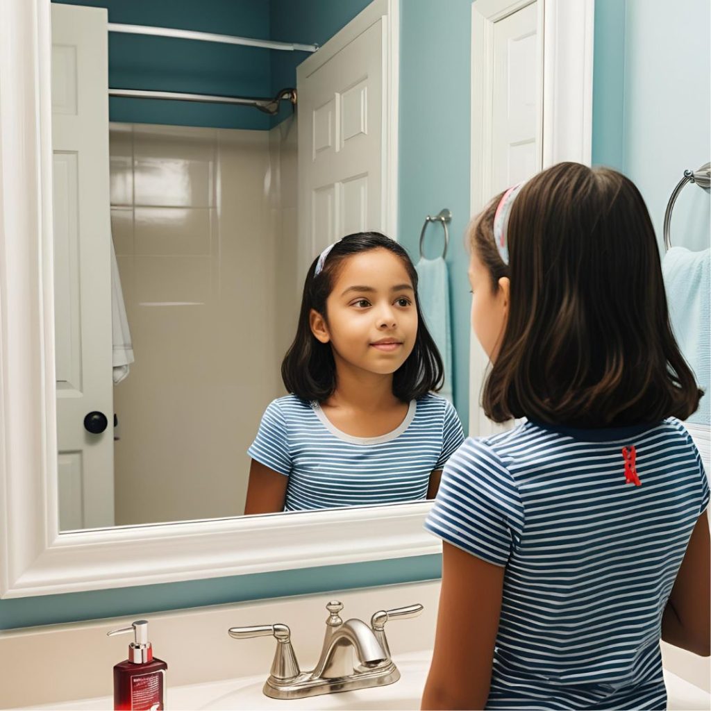 Young girl looking at her reflection in the mirror in the bathroom
