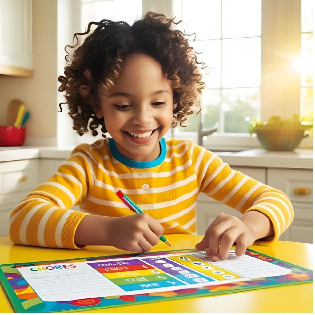 A child smiling and ticking things off their chore chart