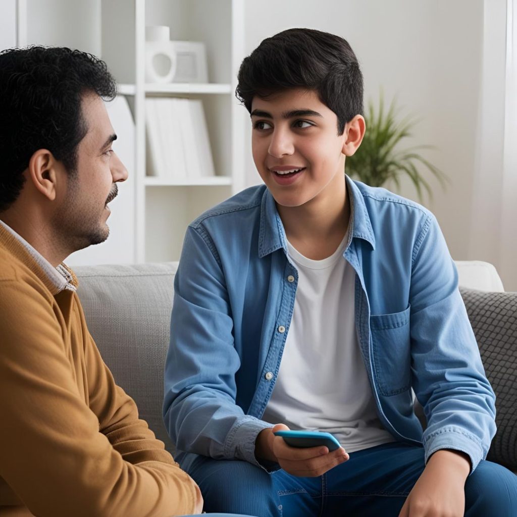 Young Asian boy talking to his dad whilst holding his phone