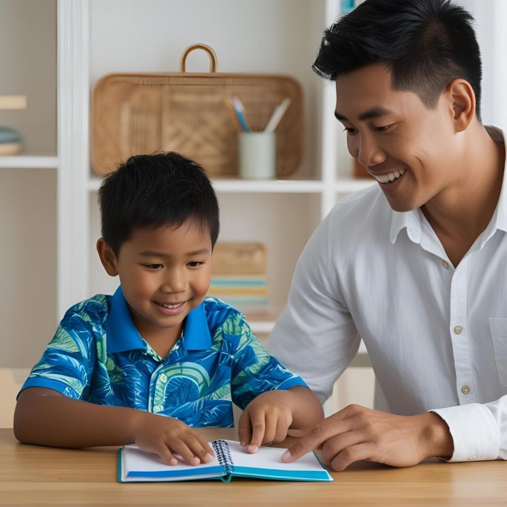 Young boy looking at planner with father