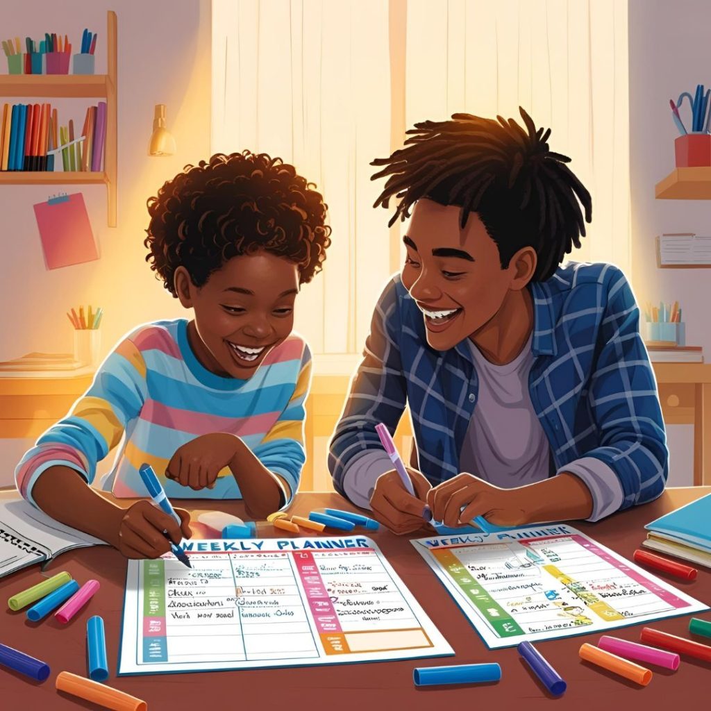 Adult and child setting up their week together