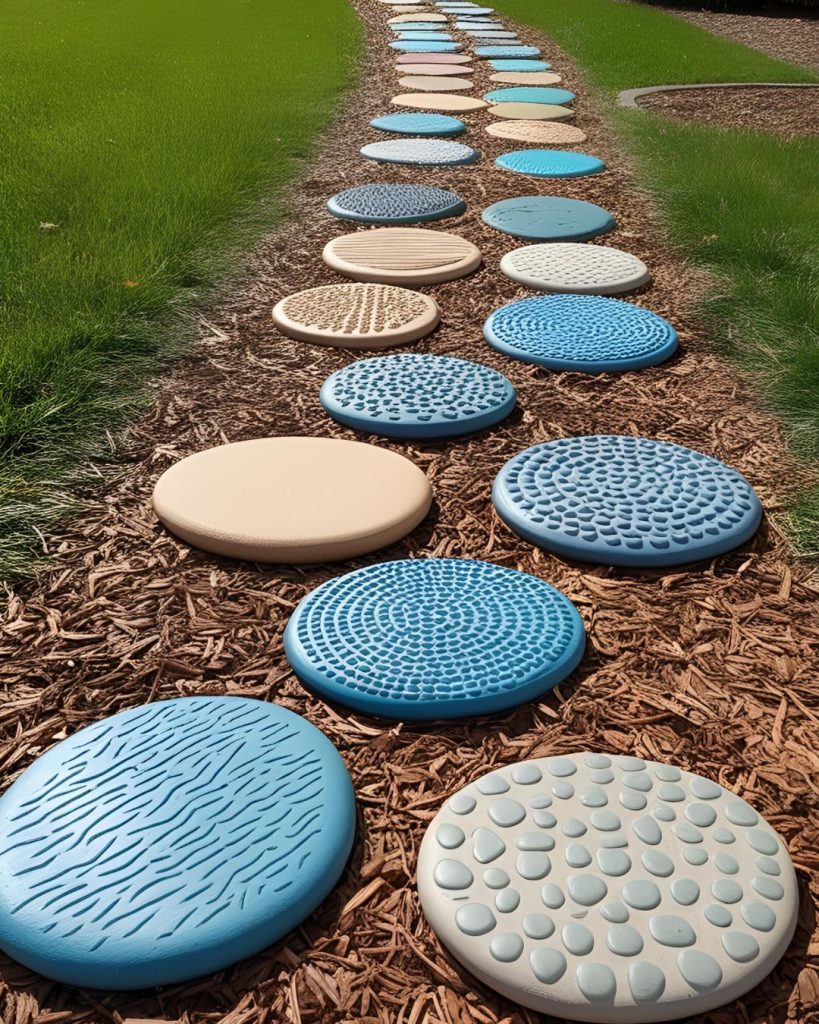 Various textured stepping stones along an outdoor pathway