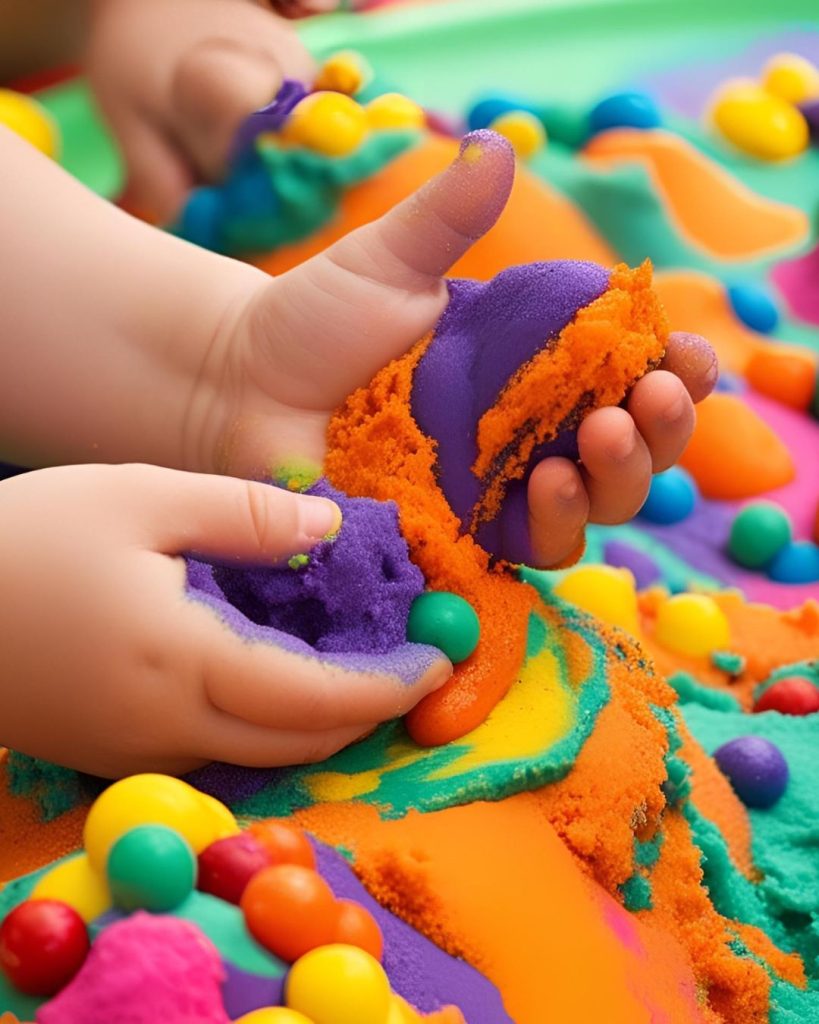 Young child's hand playing with multicoloured kinaesthetic sand