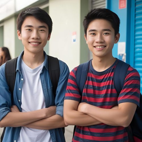 Two dark haired Asian teenage boys posing with their arms crossed and smiling
