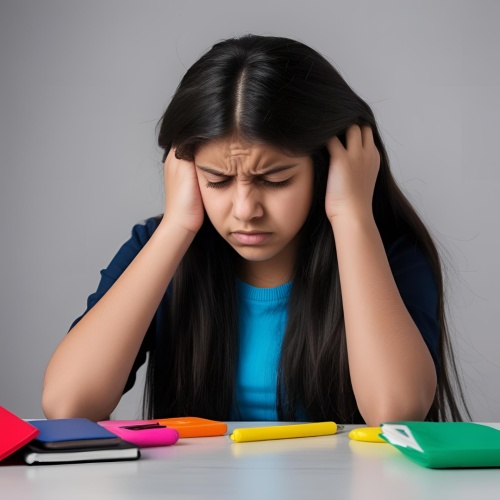 Teen girl surrounded by books and pens looking stressed.