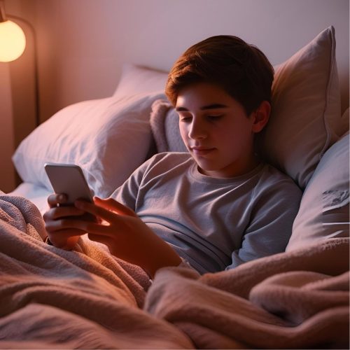 Boy in bed looking at his phone