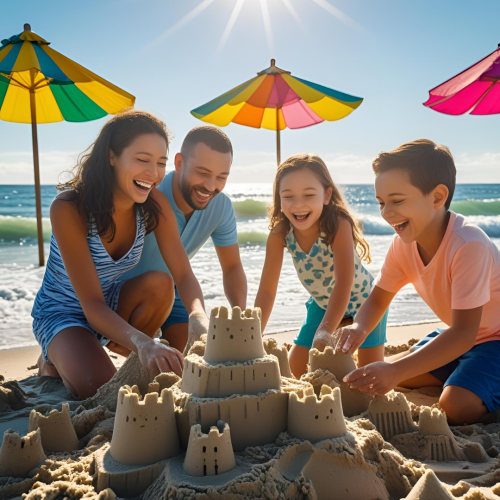 A couple and their children building sandcastles on the beach