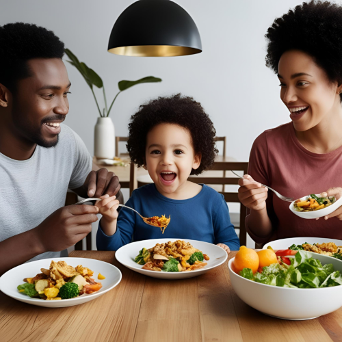 Man and woman smiling eating food with a very happy toddler