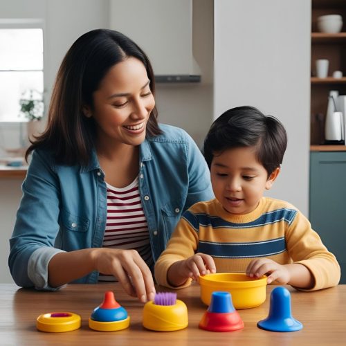 A young boy and mum playing with colourful toys