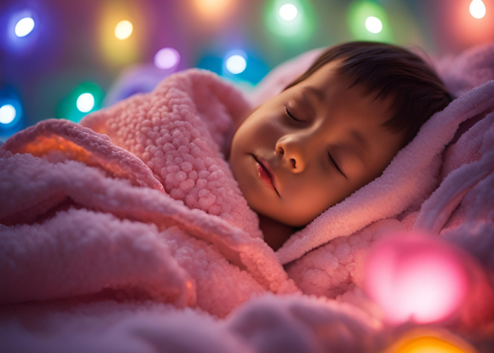 Young male presenting child sleeping peacefully with fluffy blanket and sensory lights in background